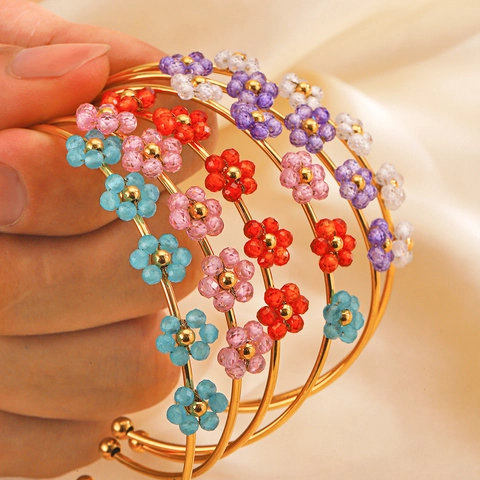 Fashion Stainless Steel Rhinestone Flower Open Bangle Bracelet For Women Handmade Beaded Floral Gold Plated Jewelry Gift