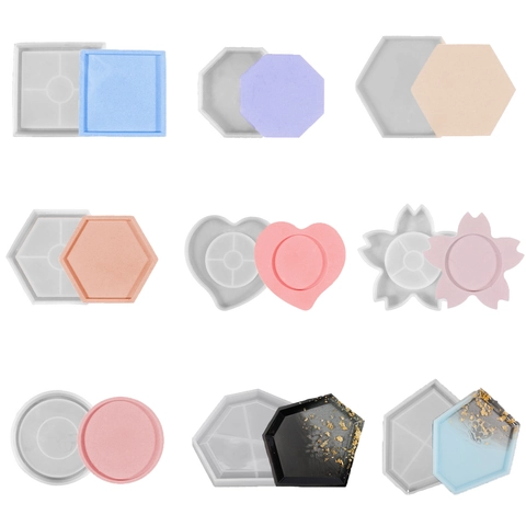 Silicone Coaster Mold For DIY Resin Epoxy Casting Geometric Shape Round Square Hexagonal Heart Jewelry Tray Making Tools