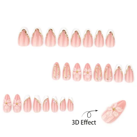 Uñas Press On Forma Almendra Francesa 3D Flor Blanca Perla Artificial Línea Dorada Rosa Nude Uñas Postizas Para Mujeres Elegante