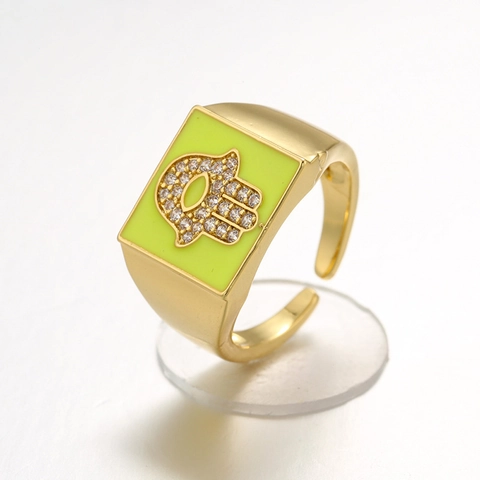 Anello in Smalto Quadrato Mano di Fatima Placcato Oro per Donna Colorato Zirconia Intarsiato Regolabile Aperto in Rame Gioielli