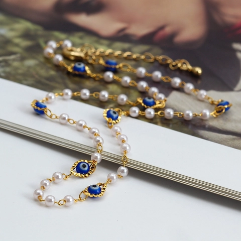 Evil Eye Halskette Kupfer Vergoldet Mit Imitationsperlen Und Schmetterlingsanhängern Verstellbare Kette Für Damen