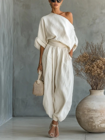 Women Casual Polyester Off-Shoulder Top And Bottom Solid Color Loose Style With Pockets Spring Fashion Daily Wear