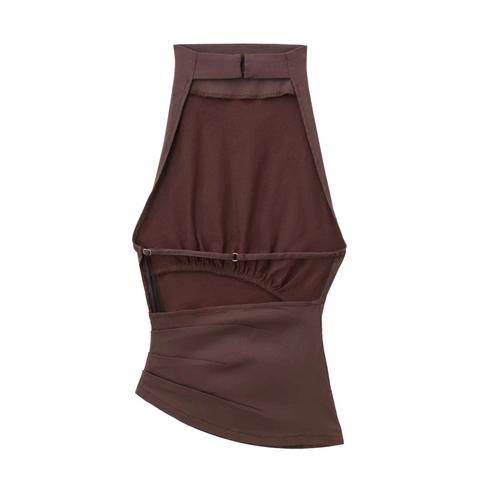 Halter Top Backless Ruched Sleeveless Polyester Slim Fit Sexy Fashionable Brown Coffee Summer Casual Women Apparel