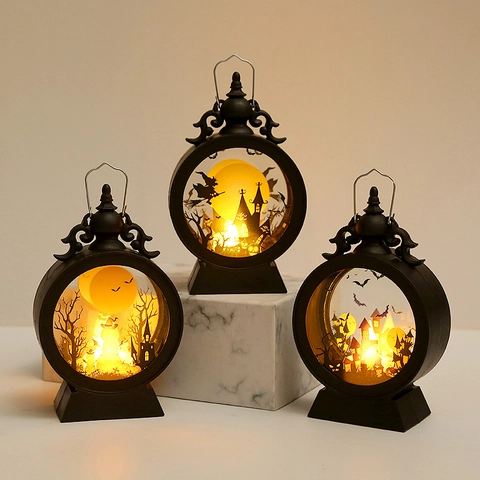 Halloween LED Laterne Dekorative Retro Windlampe Kunststoff Acryl Silhouette Warmes Licht Party Desktop Ornament Nachtlicht