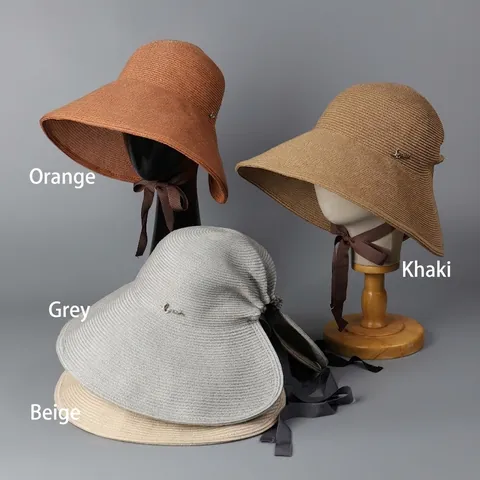 Women Wide Brim Paper Straw Hat With Ponytail Hole Bow Ribbon Foldable UV Protection Summer Beach Sun Hat Elegant