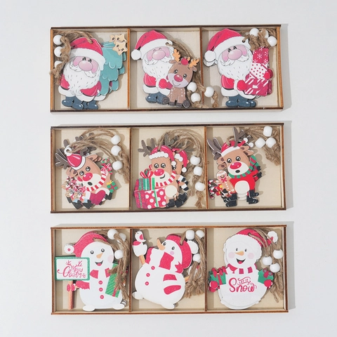 Christmas Wooden Hanging Ornaments Painted Pendants Santa Claus Snowman Reindeer For Tree Decor Cartoon Holiday Home Decor