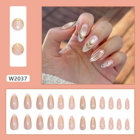 Press On Nagels Amandelvorm Kattenoog Elegant 3D Tulp Goudlijn Franse Stijl Kunstmatige Valse Nagels Voor Dames