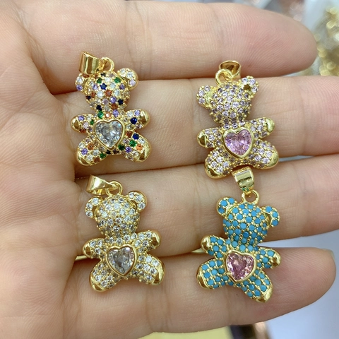 Teddy Bear Pendant 18K Gold Plated Copper Cubic Zirconia Heart Stone Turquoise DIY Jewelry Making Component Fashion