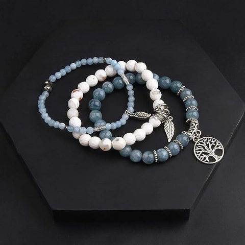 Bohemian Multi Layer Gemstone Beaded Bracelet With Tree Of Life Feather Pendant Elastic Ethnic Jewelry For Women
