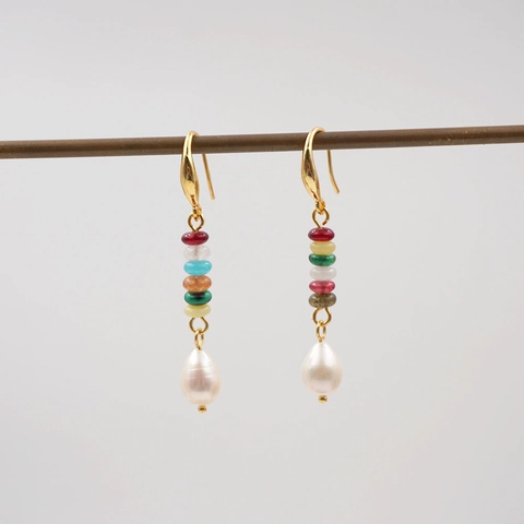 Orecchini Pendenti con Perle d'Acqua Dolce e Pietre Colorate in Nuovo Stile Cinese Gioielli Retrò Fatti a Mano per Donna
