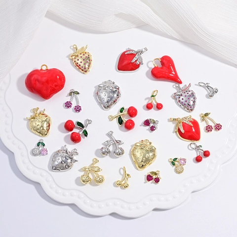 Strawberry Cherry Heart Fruit Pendants Brass Enamel Zircon DIY Jewelry Making Accessories Cute Sweet Style