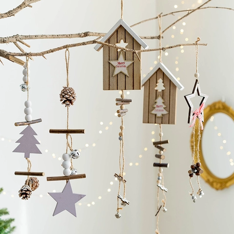 Adornos Colgantes De Navidad De Madera Estrella Árbol Corazón Madera Rústica Piña Campana Metal Decoración Nórdica