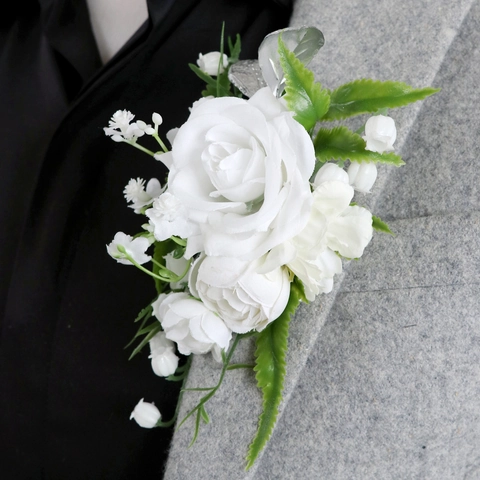 Künstliche Weiße Rose Ansteckblume Und Handgelenks Corsage Satinnblume Kunstperle Für Hochzeit Party Abschlussball Zeremonie