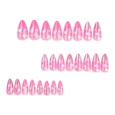 Sweet Valentine Pink Cat Eye Press On Nails Romantic Almond Shape Heart Star Butterfly Pattern Soft Gel Fake Nails With Glue Kit