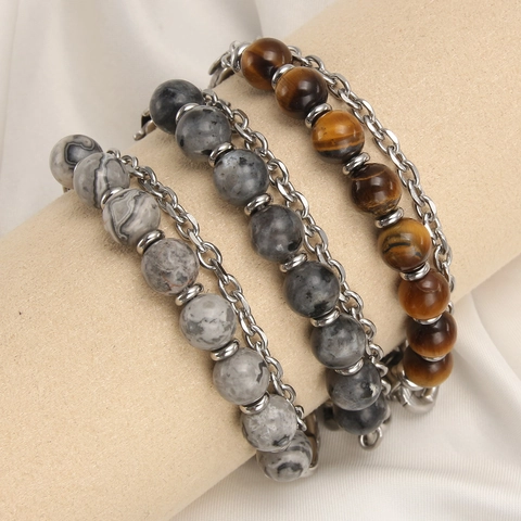 Natural Tiger Eye Stone Beaded Bracelet With Stainless Steel Cuban Chain Adjustable Polished Fashion Jewelry For Men