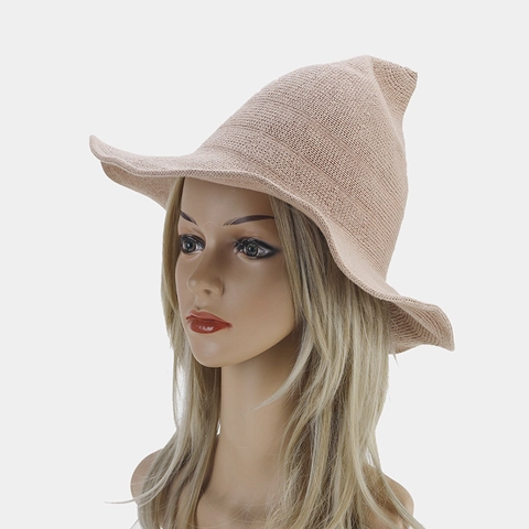 Sombrero De Bruja De Punto Gorro De Mago Puntiagudo Ala Ancha Ondulada Algodón Transpirable Halloween Cosplay Para Mujeres