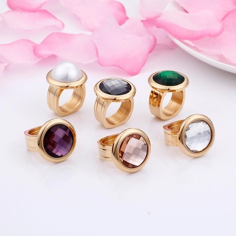 Anello Statement Acciaio Inossidabile Grande Cristallo Sfaccettato Perla Artificial Sintetica Fascia Larga Geometrica Gioielli Moda Donna