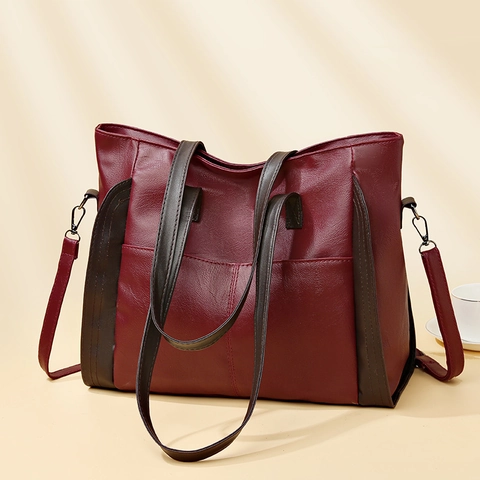 Women Large Capacity Tote Bag Soft PU Leather Minimalist Shoulder Handbag Color Block Commuter Vintage Style
