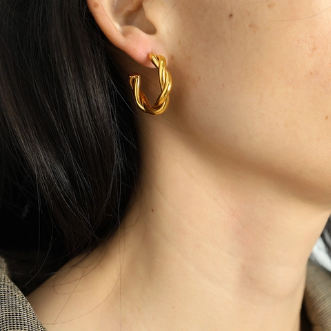 Pendientes de Aro Retorcidos en Forma de C de Acero de Titanio para Mujer Textura Trenzada Color Oro Plata Joyería