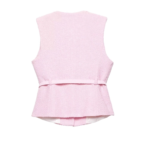 Damen Tweed Weste Elegant Rundhals Ärmellos Top Mit Goldknöpfen Und Gürtel Rosa Vintage Slim Fit Gilet Für Damen