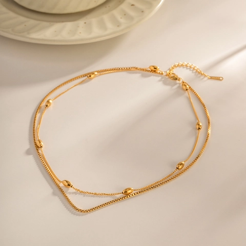 Collar Doble Capa Chapado En Oro De 18k Acero Inoxidable Perlas Ovaladas Geométrico Minimalista Joyas Para Mujer