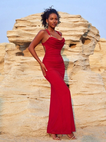 Elegante Maxi-Jurk Met Watervalhals Halter Rugloos Geplooid Rood Nauwsluitende Avondfeestjurk Polyester Spandex
