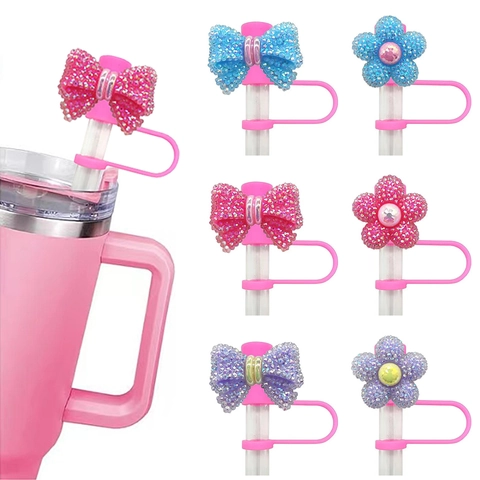 Rhinestone Straw Cover Cap For Tumbler Dustproof Bow Knot Flower Silicone Straw Topper Accessory Sparkling Decorative