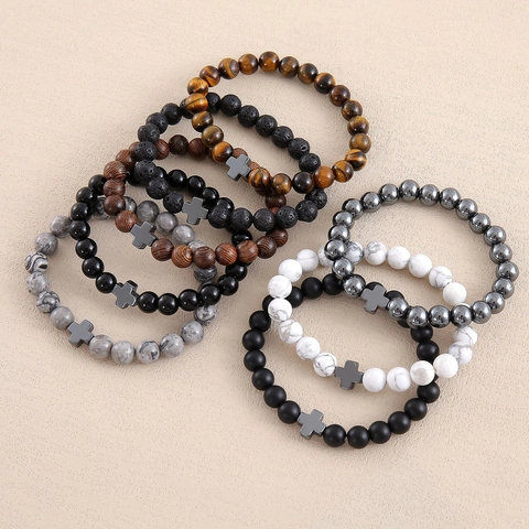 Cross Charm Beaded Bracelet Natural Stone Lava Rock Tiger Eye Wood Hematite Elastic Religious Jewelry For Men Women