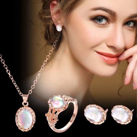 Ovaler Irisierender Mondstein Halskette Ohrringe Ring Legierung Roségold Vintage Hohl Schmuck Für Damen