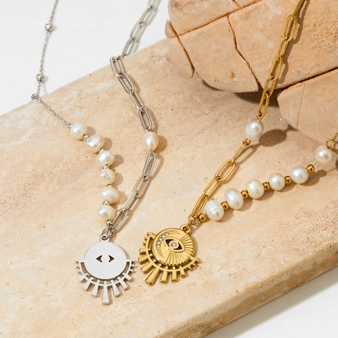 Böhmische Evil Eye Halskette Edelstahl Naturperle Asymmetrische Kette Sonne Mond Anhänger Zirkonia Schmuck Für Damen