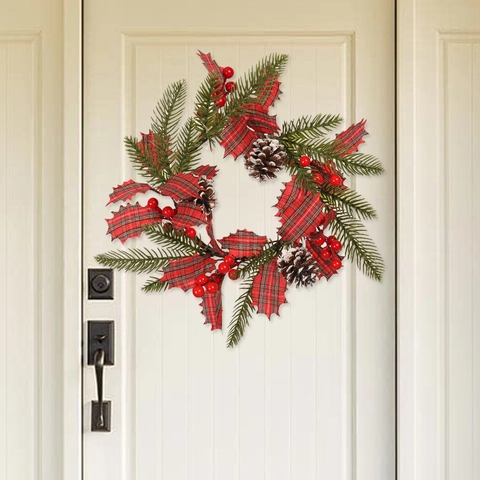 Weihnachts Kranz Mit Zapfen Roten Beeren Rot Grün Karomuster Blättern Künstliche Kiefernadeln Für Haustür Wand Deko
