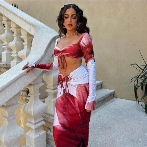 Top Corto A Maniche Lunghe Con Stampa Floreale E Gonna Lunga Coulisse Sexy Senza Schiena Streetwear Poliestere Completo Elegante