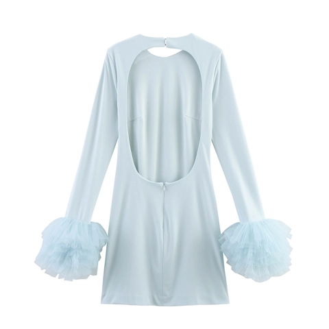 Langarm Mini Kleid Polyester Mit Mesh Tüll Manschetten Rückenfrei Hohe Taille Schlanke Passform Elegant Für Damen Hellblau