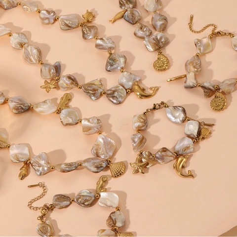 Ocean Theme Necklace And Bracelet For Women With Stainless Steel Chain Natural Shell Artificial Baroque Pearl Dolphin Starfish