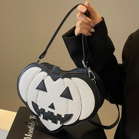 Halloween Pumpkin Crossbody Bag PU Leather Heart Shaped Jack-O-Lantern Face Contrast Color Novelty Shoulder Purse Women