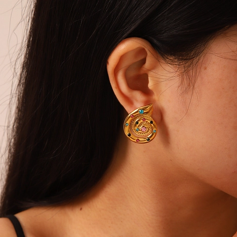Snail Shell Stud Earrings 304 Stainless Steel Colorful Rhinestone Conch Design Hypoallergenic Gold Plated For Women