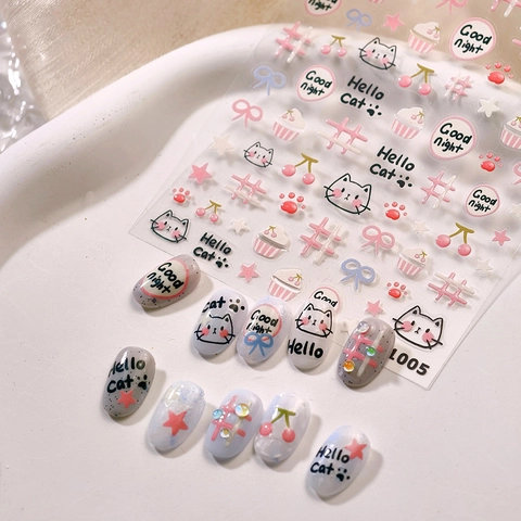 Autocollants Pour Ongles Chat Dessin Animé Effet Jelly Auto-adhésif Kawaii Nœud Cœur DIY Manucure Pour Femmes Filles