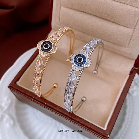 Evil Eye Flower Open Bangle Bracelet Copper Cubic Zirconia Inlaid Adjustable Luxury Fashion Jewelry Accessory For Women