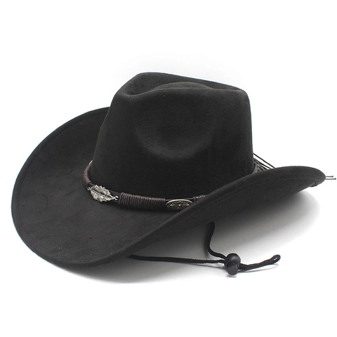 Western Cowboy Hat Suede Wide Brim Fedora With Metal Leaf Decoration Adjustable Chin Strap Vintage Jazz Style For Men Women