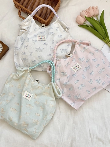 Women Canvas Tote Bag Large Capacity Korean Zakka Style Shoulder Handbag Cat Leopard Heart Grid Pattern Students Casual