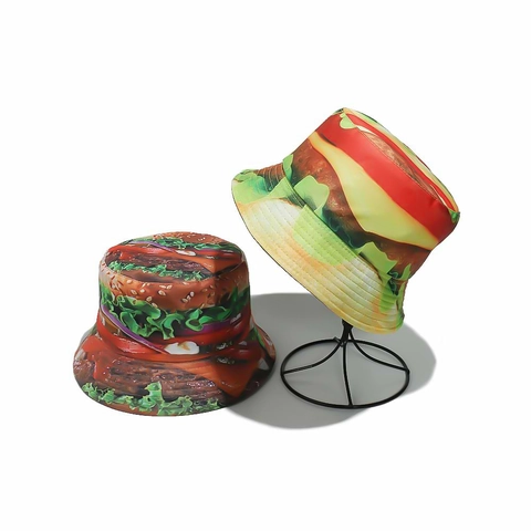 Hamburger Print Vissershoed Polyester Realistisch Fast Food Patroon Zonbescherming Streetwear Voor Heren En Dames