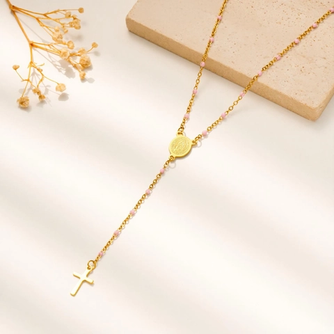 Collar De Rosario De Acero Inoxidable Chapado En Oro De 18K Cuentas Coloridas Medalla Virgen María Colgante De Cruz