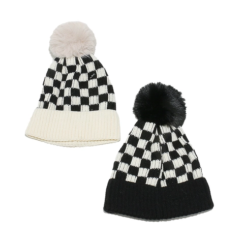 Damen Schachbrettmuster Strickmütze Winter Warm Acryl Pompon Beanie Lässig Jacquard Karierte Kopfbedeckung Hut
