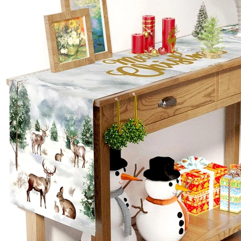 Christmas Table Runner Polyester Reindeer Rabbit Snow Scene Merry Christmas Holiday Dining Party Decor
