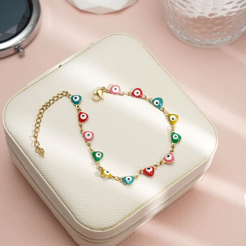Pulsera Étnica de Acero Inoxidable Corazón Ojo Turco Esmaltada para Mujer Chapada en Oro 18K Religiosa Amuleto Ojo Azul Joyería