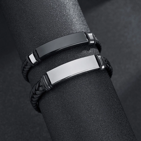 Men's Braided Leather Silicone Bracelet With Stainless Steel ID Plate Minimalist Fashion Punk Jewelry For Daily Wear