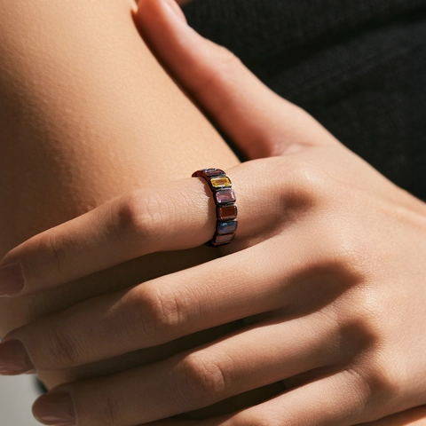 925 Sterlingsilber Regenbogen Zirkonia Ring Für Damen Luxus Schwarzgold Galvanisierter Eternity-Ring Vintage Punk Gothic Schmuck