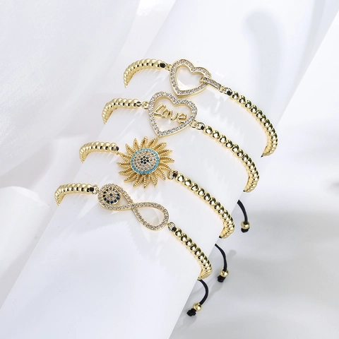 Heart Love Sunflower Evil Eye Infinity Adjustable Bracelet Copper Gold Plated Cubic Zirconia Boho Jewelry Women