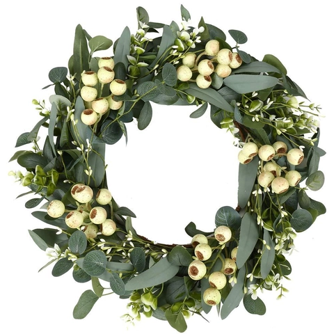 Couronne Artificielle d'Eucalyptus et de Baies Avec Base en Rotin Grande Guirlande de Printemps Été Pâques Panneau de Bienvenue Pour Décoration de Maison Porte d'Entrée