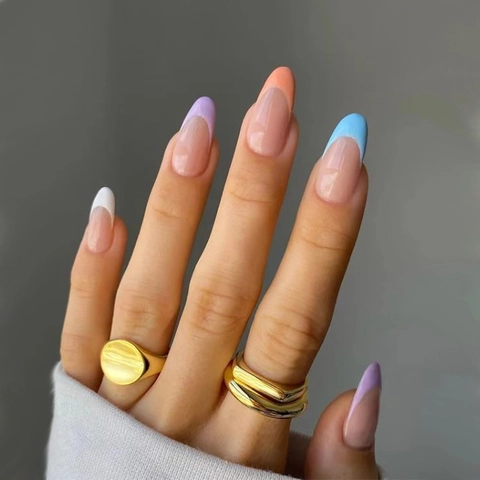 Unghie Press On Francesi Forma Mandorla Macaron Arcobaleno Blocco Di Colore Lunghe Unghie Finte Artificiali Donne Manicure